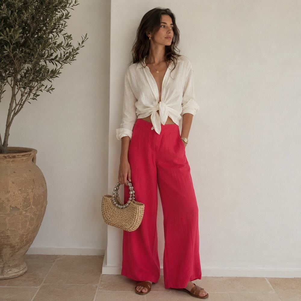 Jones & Co Y2K Linen Blend Pants Sz 10 Red Wide Leg Coastal Euro Old Money Flowy